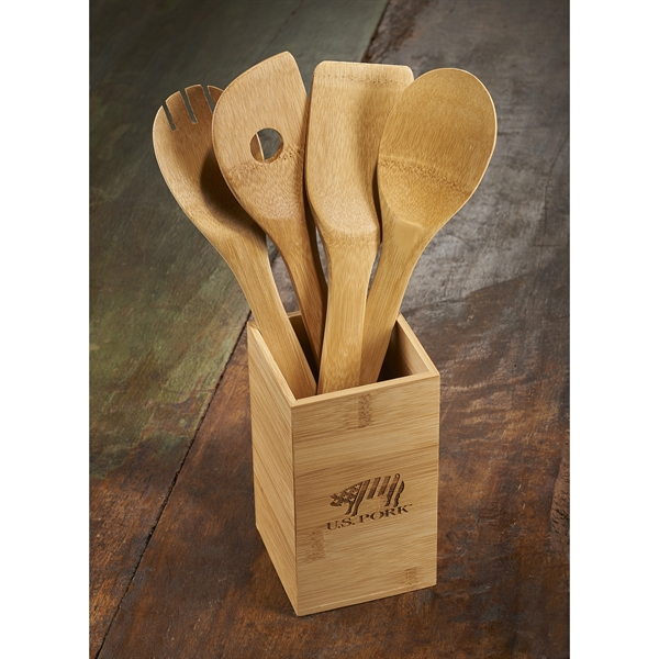 Custom Bamboo 4-Piece Kitchen Tool Set and Canister Sample